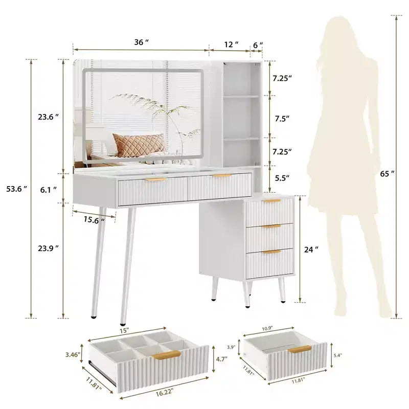 Coiffeuse avec miroir, grande coiffeuse de 122 cm avec 5 tiroirs et étagères de rangement ouvertes, coiffeuse en verre pour chambre à coucher