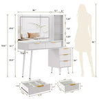 Coiffeuse avec miroir, grande coiffeuse de 122 cm avec 5 tiroirs et étagères de rangement ouvertes, coiffeuse en verre pour chambre à coucher