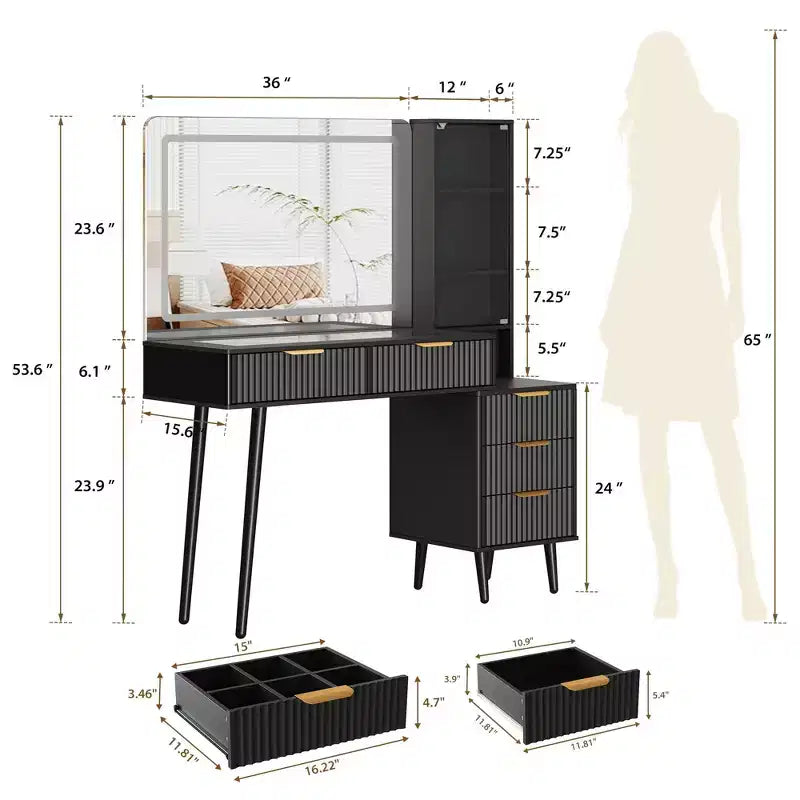 Coiffeuse avec miroir, grande coiffeuse de 122 cm avec 5 tiroirs et étagères de rangement ouvertes, coiffeuse en verre pour chambre à coucher