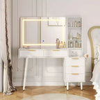 Coiffeuse avec miroir, grande coiffeuse de 122 cm avec 5 tiroirs et étagères de rangement ouvertes, coiffeuse en verre pour chambre à coucher