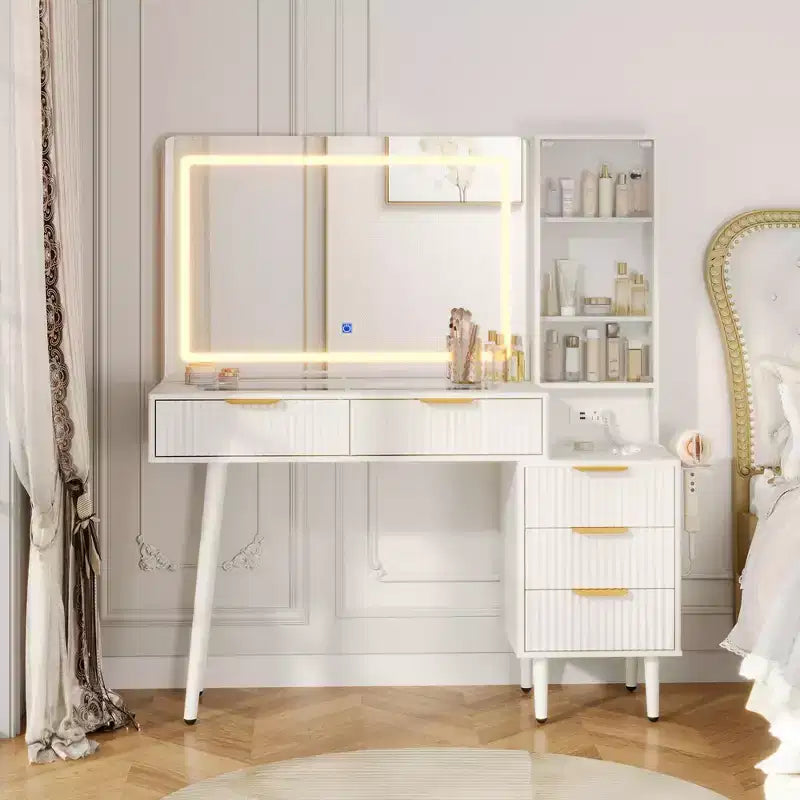 Coiffeuse avec miroir, grande coiffeuse de 122 cm avec 5 tiroirs et étagères de rangement ouvertes, coiffeuse en verre pour chambre à coucher