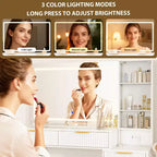 Coiffeuse avec miroir, grande coiffeuse de 122 cm avec 5 tiroirs et étagères de rangement ouvertes, coiffeuse en verre pour chambre à coucher