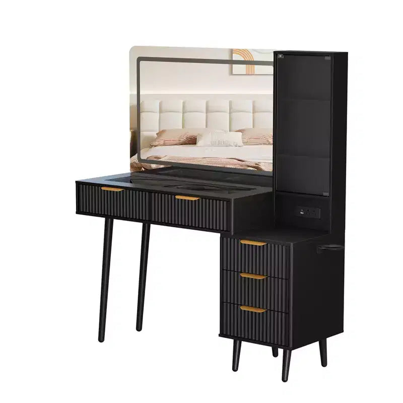 Coiffeuse avec miroir, grande coiffeuse de 122 cm avec 5 tiroirs et étagères de rangement ouvertes, coiffeuse en verre pour chambre à coucher