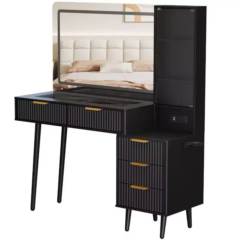 Coiffeuse avec miroir, grande coiffeuse de 122 cm avec 5 tiroirs et étagères de rangement ouvertes, coiffeuse en verre pour chambre à coucher