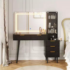 Coiffeuse avec miroir, grande coiffeuse de 122 cm avec 5 tiroirs et étagères de rangement ouvertes, coiffeuse en verre pour chambre à coucher