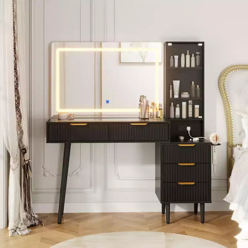 Coiffeuse avec miroir, grande coiffeuse de 122 cm avec 5 tiroirs et étagères de rangement ouvertes, coiffeuse en verre pour chambre à coucher