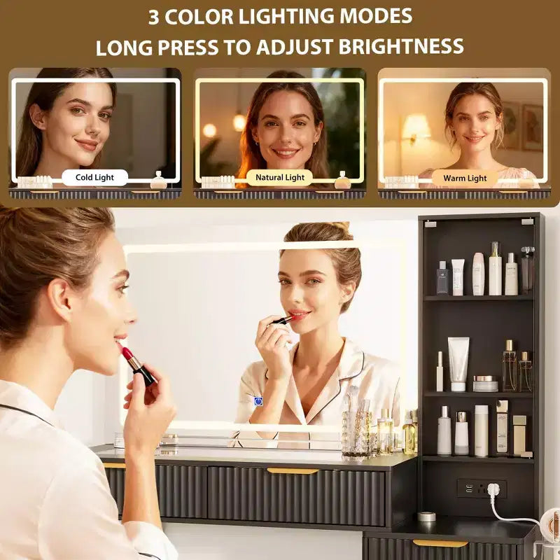 Coiffeuse avec miroir, grande coiffeuse de 122 cm avec 5 tiroirs et étagères de rangement ouvertes, coiffeuse en verre pour chambre à coucher
