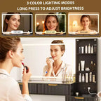 Coiffeuse avec miroir, grande coiffeuse de 122 cm avec 5 tiroirs et étagères de rangement ouvertes, coiffeuse en verre pour chambre à coucher