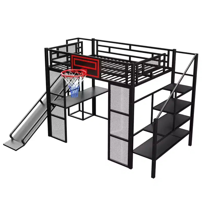 Lit mezzanine en métal pleine grandeur avec bureau et armoire intégrés, lit mezzanine robuste avec toboggan et escalier et panier de basket