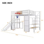 Lit mezzanine en métal pleine grandeur avec bureau et armoire intégrés, lit mezzanine robuste avec toboggan et escalier et panier de basket