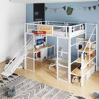 Lit mezzanine en métal pleine grandeur avec bureau et armoire intégrés, lit mezzanine robuste avec toboggan et escalier et panier de basket
