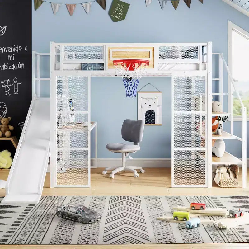 Lit mezzanine en métal pleine grandeur avec bureau et armoire intégrés, lit mezzanine robuste avec toboggan et escalier et panier de basket