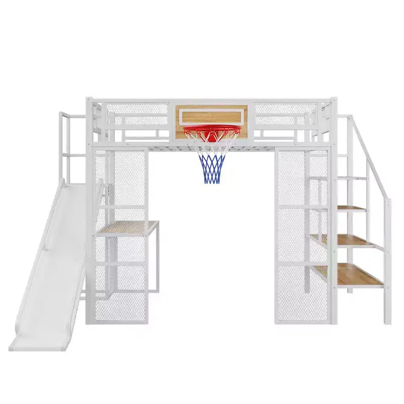 Lit mezzanine en métal pleine grandeur avec bureau et armoire intégrés, lit mezzanine robuste avec toboggan et escalier et panier de basket