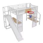 Lit mezzanine en métal pleine grandeur avec bureau et armoire intégrés, lit mezzanine robuste avec toboggan et escalier et panier de basket