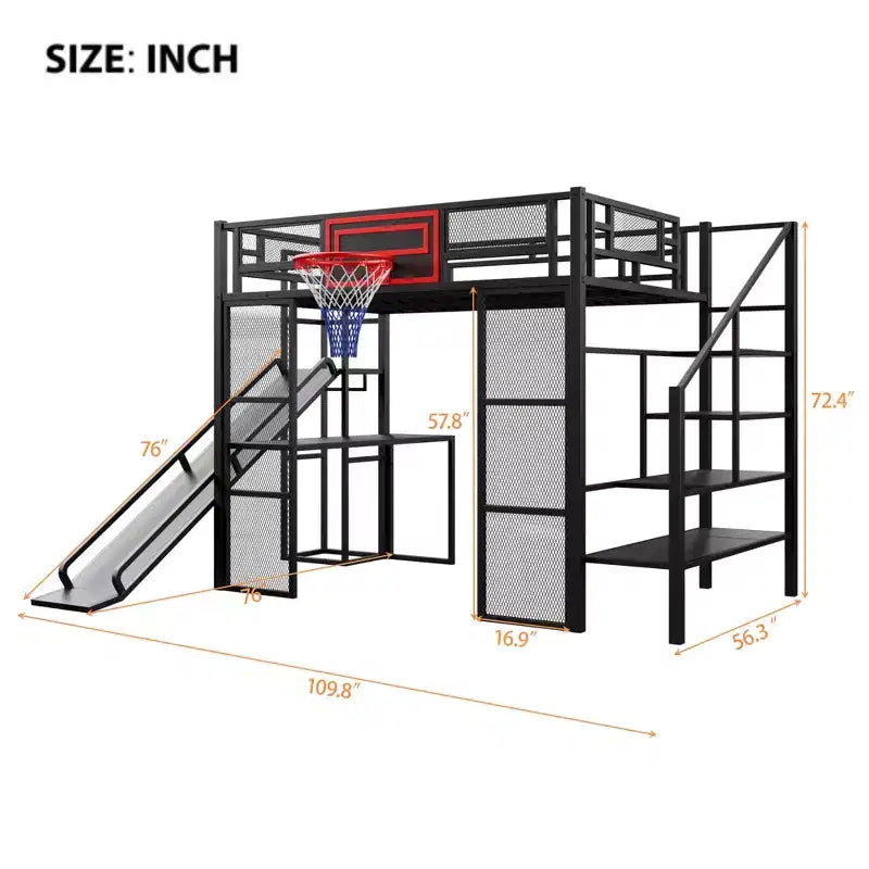 Lit mezzanine en métal pleine grandeur avec bureau et armoire intégrés, lit mezzanine robuste avec toboggan et escalier et panier de basket
