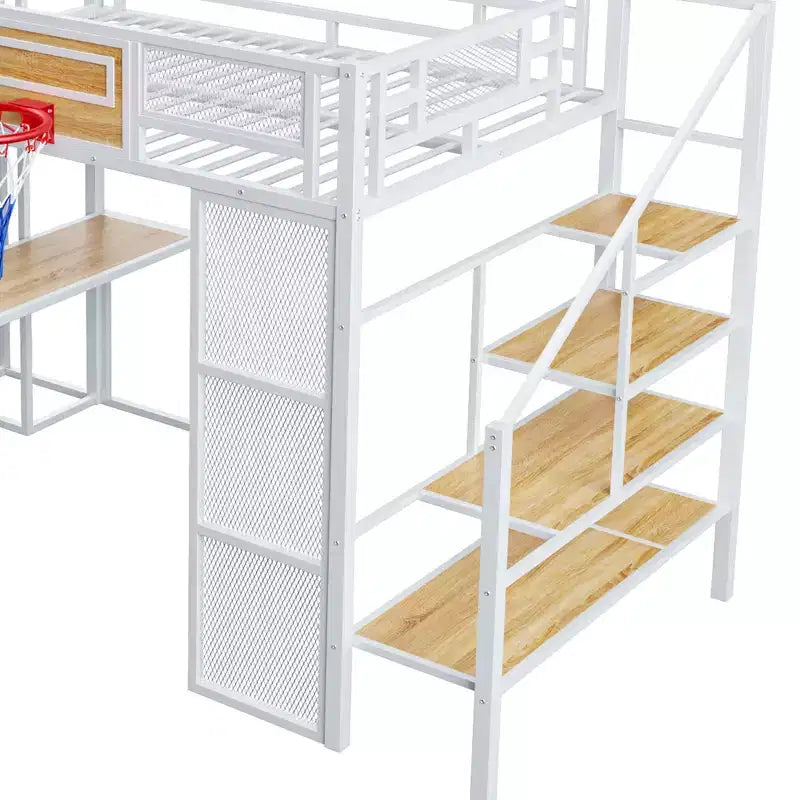 Lit mezzanine en métal pleine grandeur avec bureau et armoire intégrés, lit mezzanine robuste avec toboggan et escalier et panier de basket
