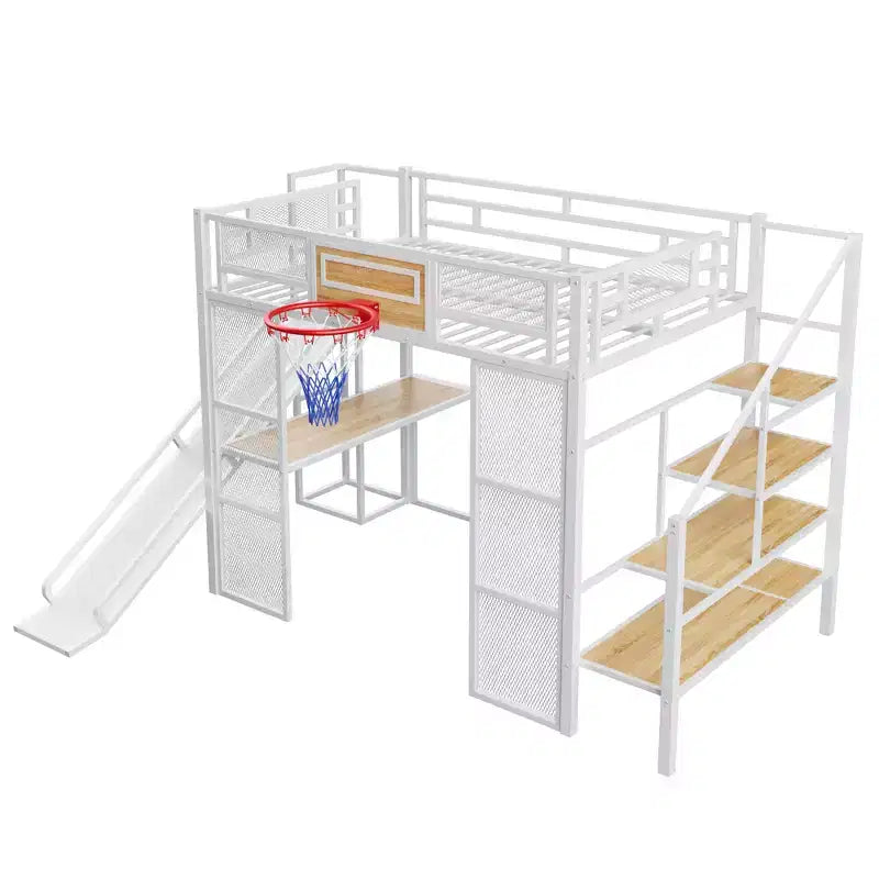 Lit mezzanine en métal pleine grandeur avec bureau et armoire intégrés, lit mezzanine robuste avec toboggan et escalier et panier de basket