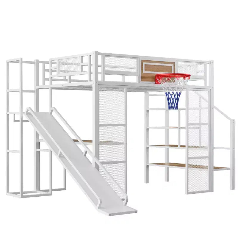 Lit mezzanine en métal pleine grandeur avec bureau et armoire intégrés, lit mezzanine robuste avec toboggan et escalier et panier de basket