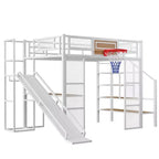 Lit mezzanine en métal pleine grandeur avec bureau et armoire intégrés, lit mezzanine robuste avec toboggan et escalier et panier de basket
