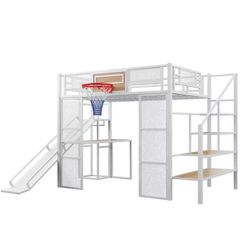 Lit mezzanine en métal pleine grandeur avec bureau et armoire intégrés, lit mezzanine robuste avec toboggan et escalier et panier de basket
