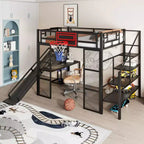 Lit mezzanine en métal pleine grandeur avec bureau et armoire intégrés, lit mezzanine robuste avec toboggan et escalier et panier de basket