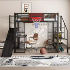 Lit mezzanine en métal pleine grandeur avec bureau et armoire intégrés, lit mezzanine robuste avec toboggan et escalier et panier de basket