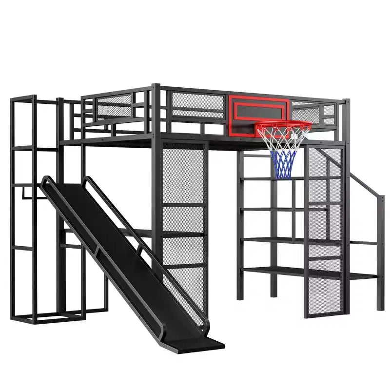Lit mezzanine en métal pleine grandeur avec bureau et armoire intégrés, lit mezzanine robuste avec toboggan et escalier et panier de basket
