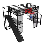 Lit mezzanine en métal pleine grandeur avec bureau et armoire intégrés, lit mezzanine robuste avec toboggan et escalier et panier de basket
