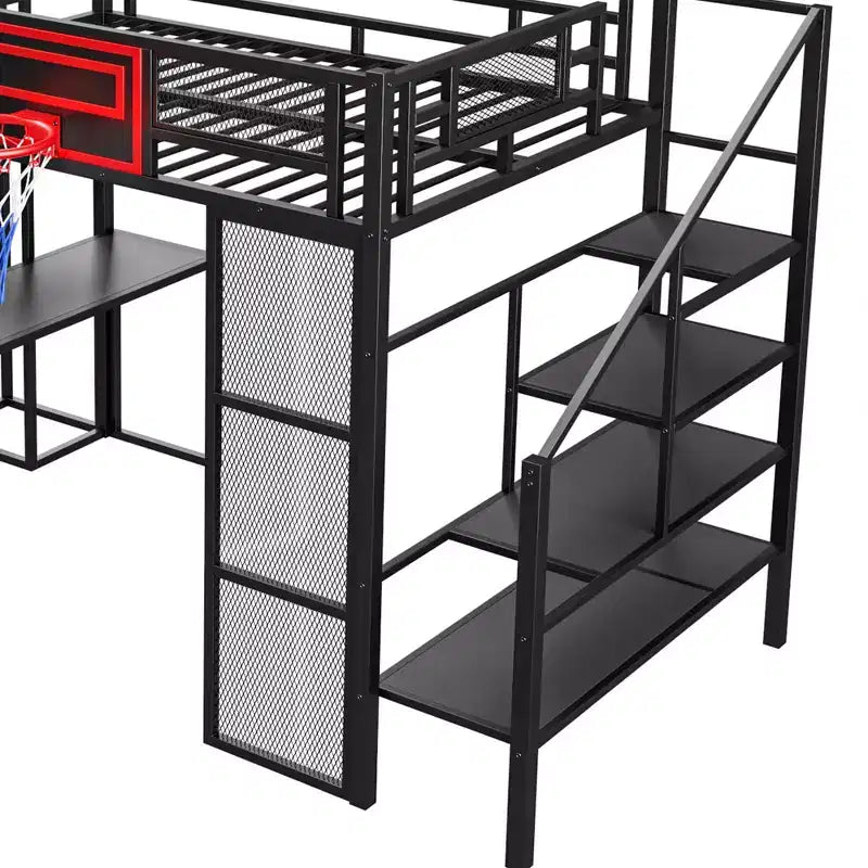 Lit mezzanine en métal pleine grandeur avec bureau et armoire intégrés, lit mezzanine robuste avec toboggan et escalier et panier de basket