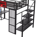 Lit mezzanine en métal pleine grandeur avec bureau et armoire intégrés, lit mezzanine robuste avec toboggan et escalier et panier de basket