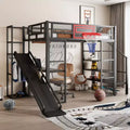 Full Size Metal Loft Bed with Built-in Desk and Wardrobe, Heavy Duty Loft Bed with Slide and Staircase & Basketball Hoop