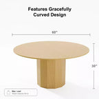 PexFix Table de salle à manger ronde en bois massif de 152 cm de hauteur pour 6 à 8 personnes avec plateau et base cylindrique pour salon/salle à manger/bureau, couleur naturelle