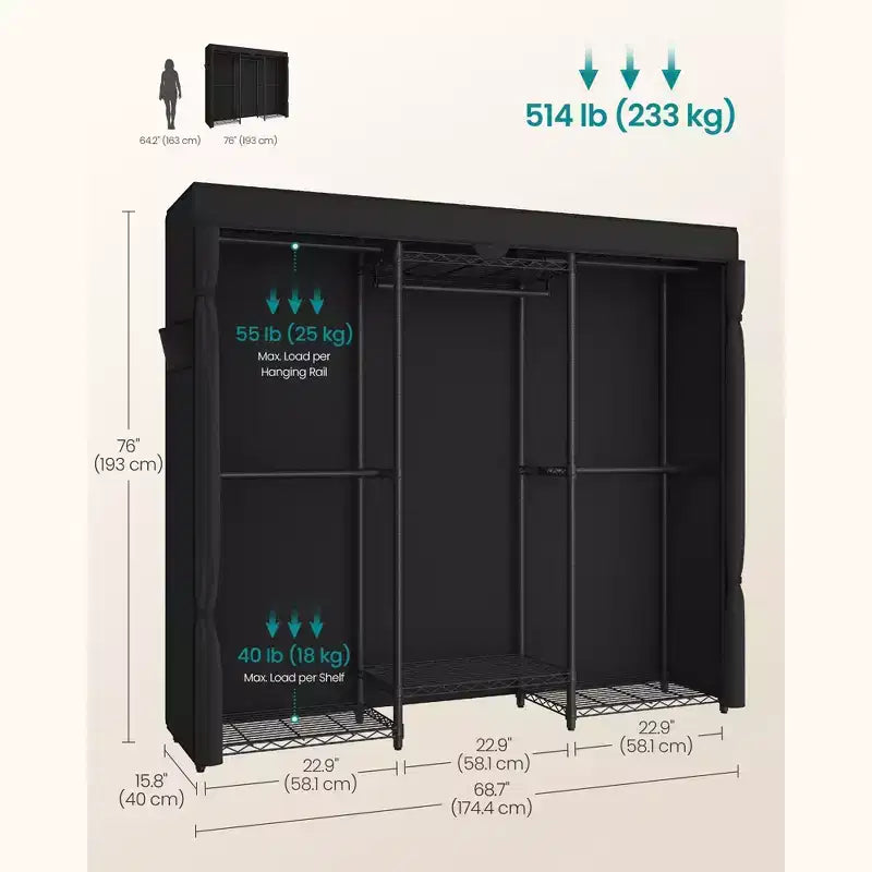 Heavy-Duty Garment Rack with 5 Hanging Rails and 6 Mesh Shelves, 514 lb Capacity Portable Closet, No-Tool Assembly, Ink Black