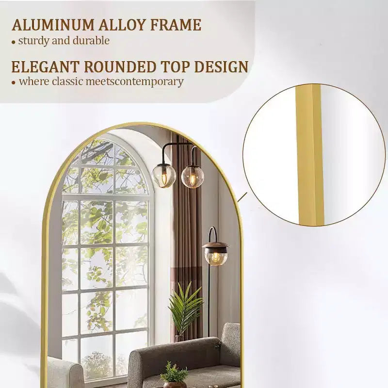 Miroir psyché 64x21, miroir mural à suspendre ou à poser, miroir intégral avec arche et support pour chambre à coucher, dressing, doré