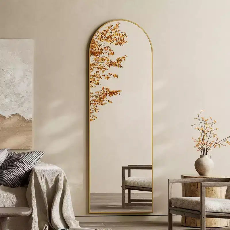 Miroir psyché 64x21, miroir mural à suspendre ou à poser, miroir intégral avec arche et support pour chambre à coucher, dressing, doré
