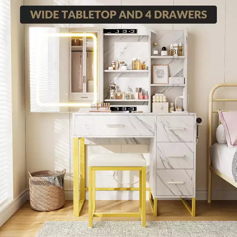 COZONY Coiffeuse avec Miroir Coulissant, Kit de Maquillage Lumineux, 4 Tiroirs, Tabouret, Éclairage Réglable