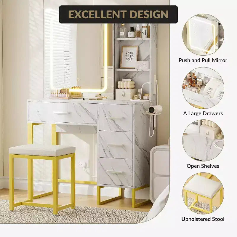 COZONY Coiffeuse avec Miroir Coulissant, Kit de Maquillage Lumineux, 4 Tiroirs, Tabouret, Éclairage Réglable
