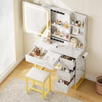 COZONY Coiffeuse avec Miroir Coulissant, Kit de Maquillage Lumineux, 4 Tiroirs, Tabouret, Éclairage Réglable