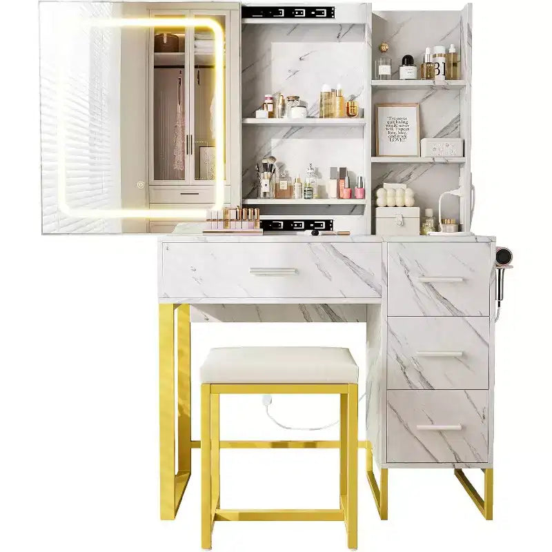 COZONY Coiffeuse avec Miroir Coulissant, Kit de Maquillage Lumineux, 4 Tiroirs, Tabouret, Éclairage Réglable