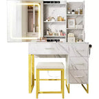 COZONY Coiffeuse avec Miroir Coulissant, Kit de Maquillage Lumineux, 4 Tiroirs, Tabouret, Éclairage Réglable