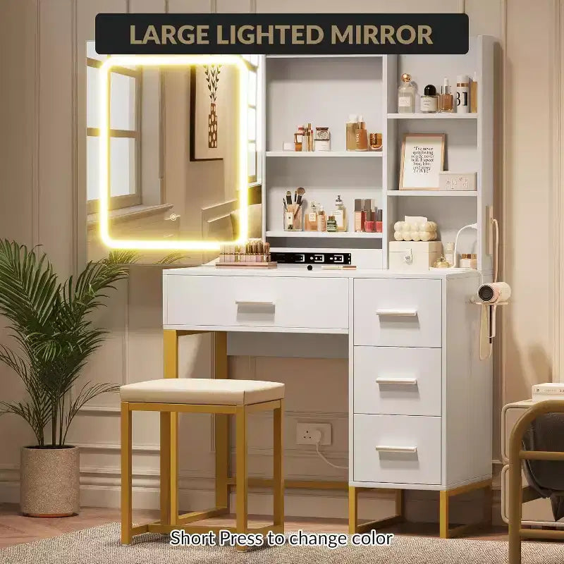 COZONY Coiffeuse avec Miroir Coulissant, Kit de Maquillage Lumineux, 4 Tiroirs, Tabouret, Éclairage Réglable