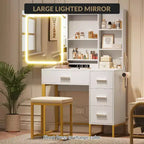 COZONY Coiffeuse avec Miroir Coulissant, Kit de Maquillage Lumineux, 4 Tiroirs, Tabouret, Éclairage Réglable