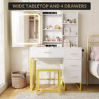 COZONY Coiffeuse avec Miroir Coulissant, Kit de Maquillage Lumineux, 4 Tiroirs, Tabouret, Éclairage Réglable