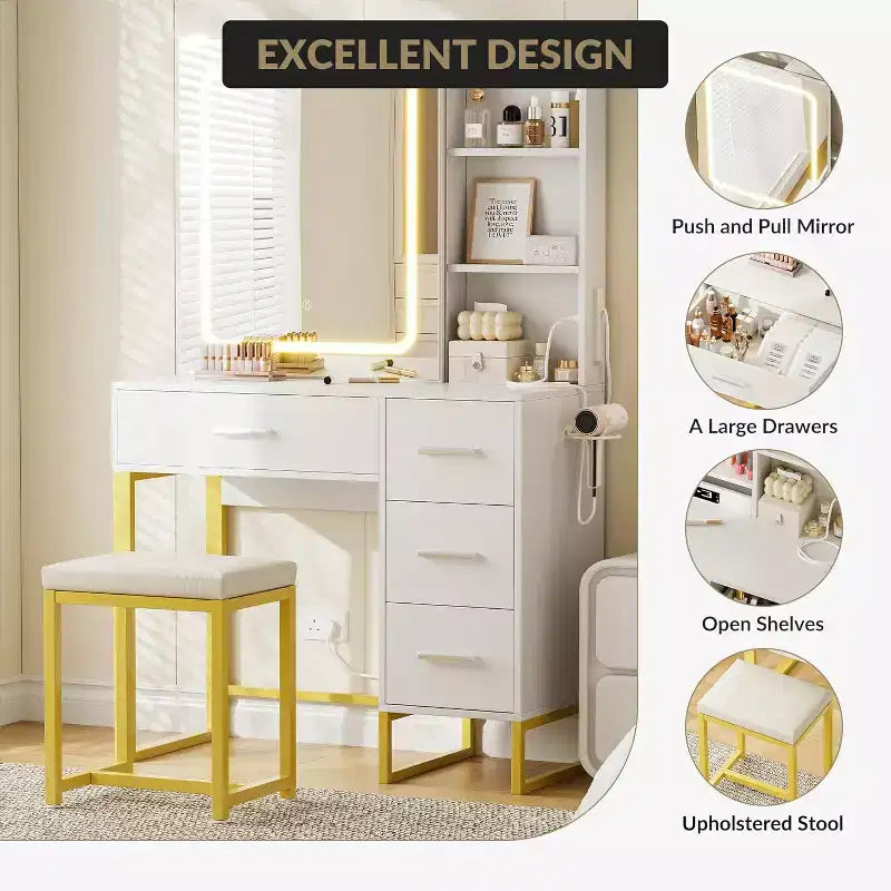 COZONY Coiffeuse avec Miroir Coulissant, Kit de Maquillage Lumineux, 4 Tiroirs, Tabouret, Éclairage Réglable