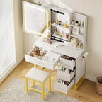 COZONY Coiffeuse avec Miroir Coulissant, Kit de Maquillage Lumineux, 4 Tiroirs, Tabouret, Éclairage Réglable