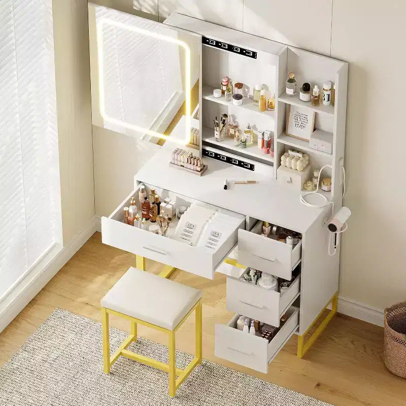 COZONY Coiffeuse avec Miroir Coulissant, Kit de Maquillage Lumineux, 4 Tiroirs, Tabouret, Éclairage Réglable
