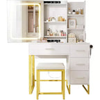 COZONY Coiffeuse avec Miroir Coulissant, Kit de Maquillage Lumineux, 4 Tiroirs, Tabouret, Éclairage Réglable