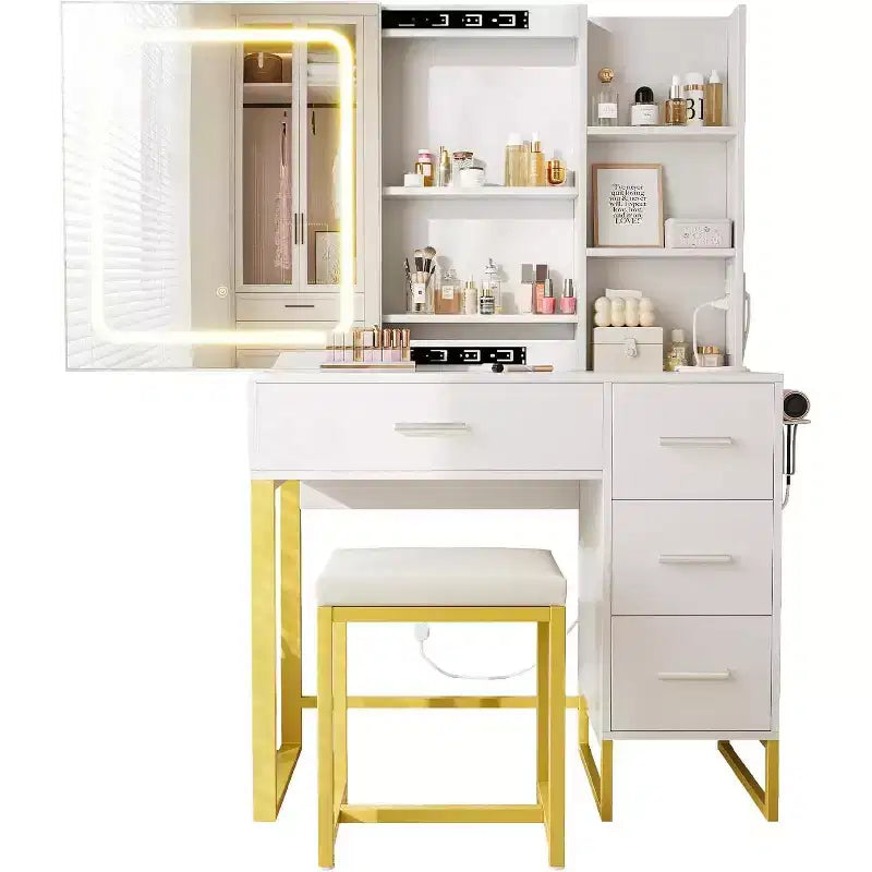 COZONY Coiffeuse avec Miroir Coulissant, Kit de Maquillage Lumineux, 4 Tiroirs, Tabouret, Éclairage Réglable