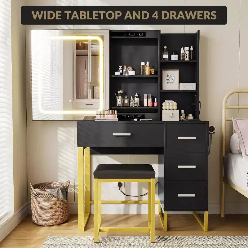 COZONY Coiffeuse avec Miroir Coulissant, Kit de Maquillage Lumineux, 4 Tiroirs, Tabouret, Éclairage Réglable