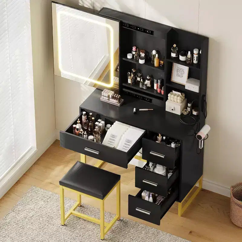 COZONY Coiffeuse avec Miroir Coulissant, Kit de Maquillage Lumineux, 4 Tiroirs, Tabouret, Éclairage Réglable